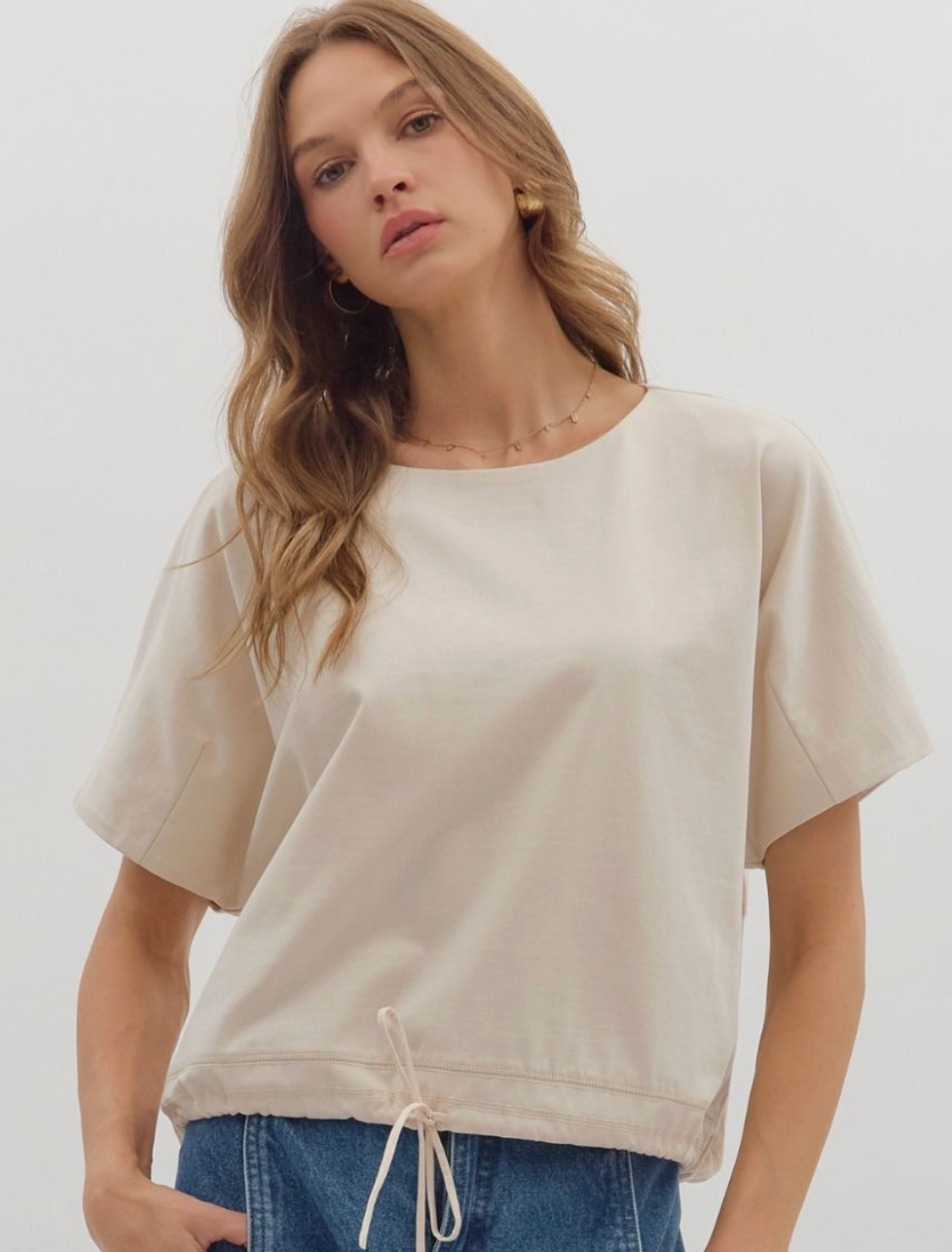 Solid short sleeve round neck top- Ecru