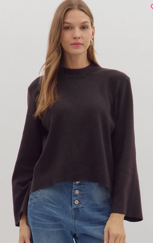 Solid long sleeve sweater knit top- black