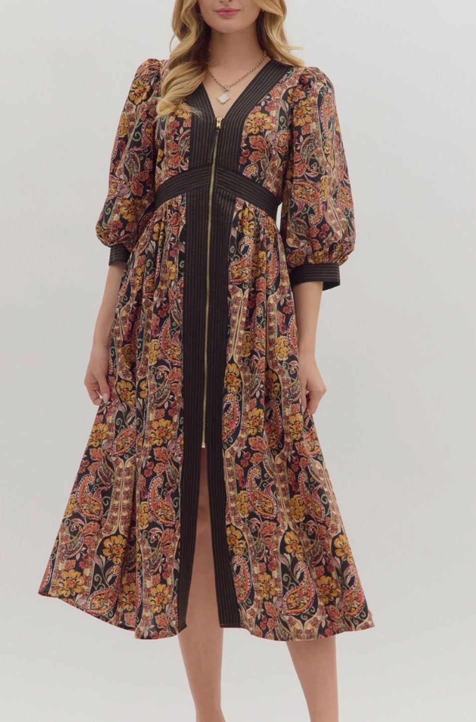 Paisley Print Puff Sleeve Midi Dress