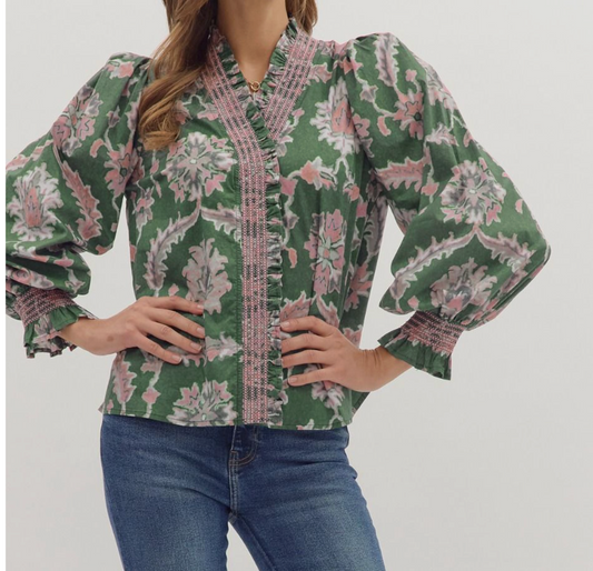 Ruffled Trim Floral Blouse - Olive