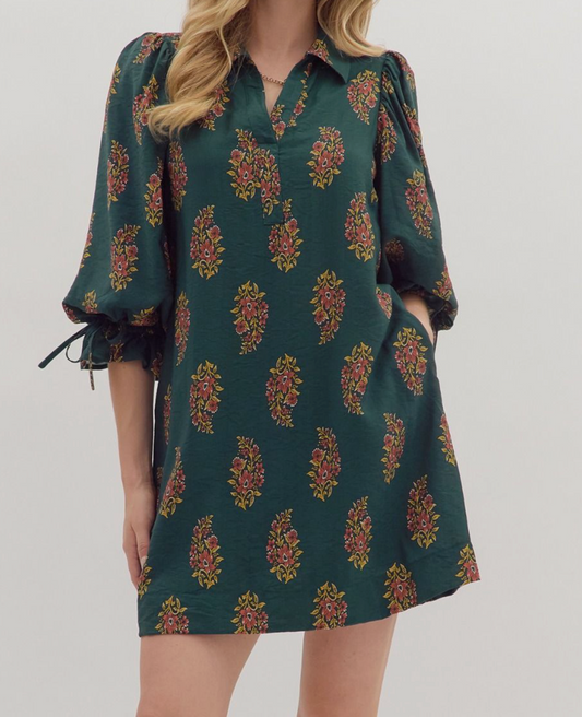 Floral Puff Sleeve Mini Dress - Green