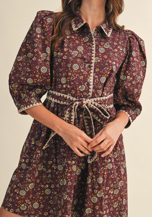 Blanket Stitch Puff Sleeve Floral Mini Dress - Plum