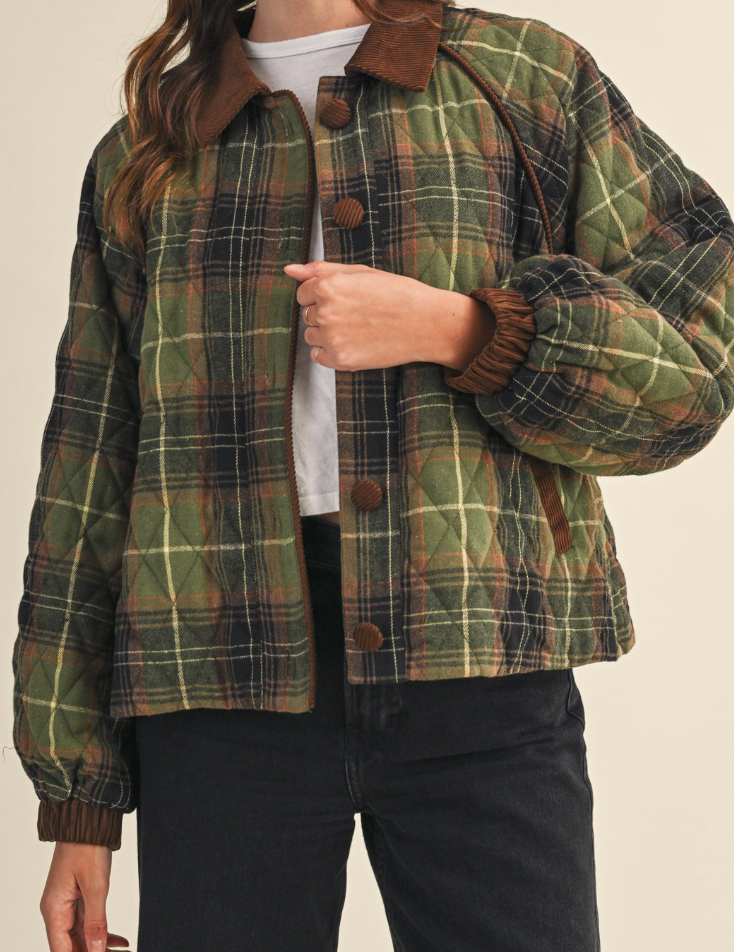 Plaid Quilted Jacket With Contrast Corduroy Detail - Olive