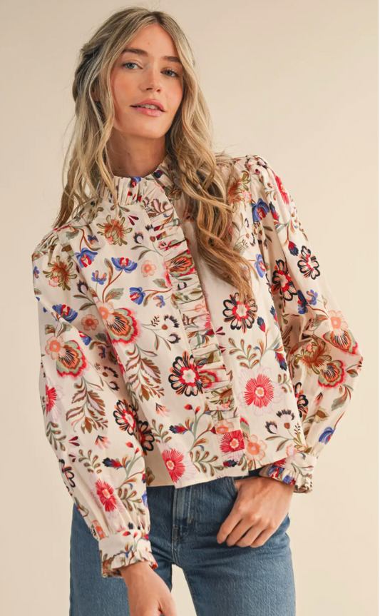 Exclusive Floral Print Ruffled Button Down Top
