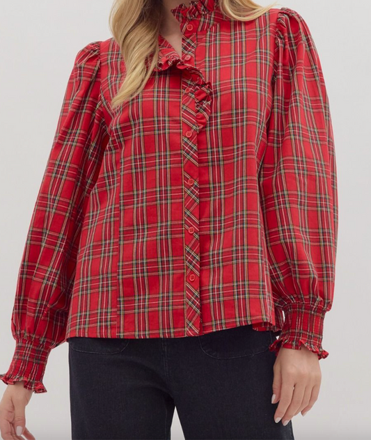 Plaid Long Sleeve Blouse - Red