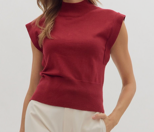 Ribbed Hem Mock Neck - Burgundy