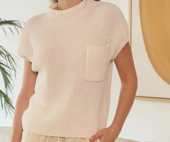 Mock Neck Short Sleeve Pocket Detail Sweater Top