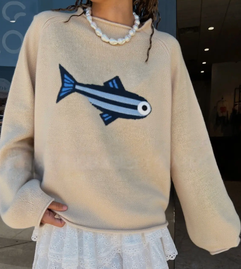 Ocean Adventure Sardines Pattern Knit Sweater - Beige
