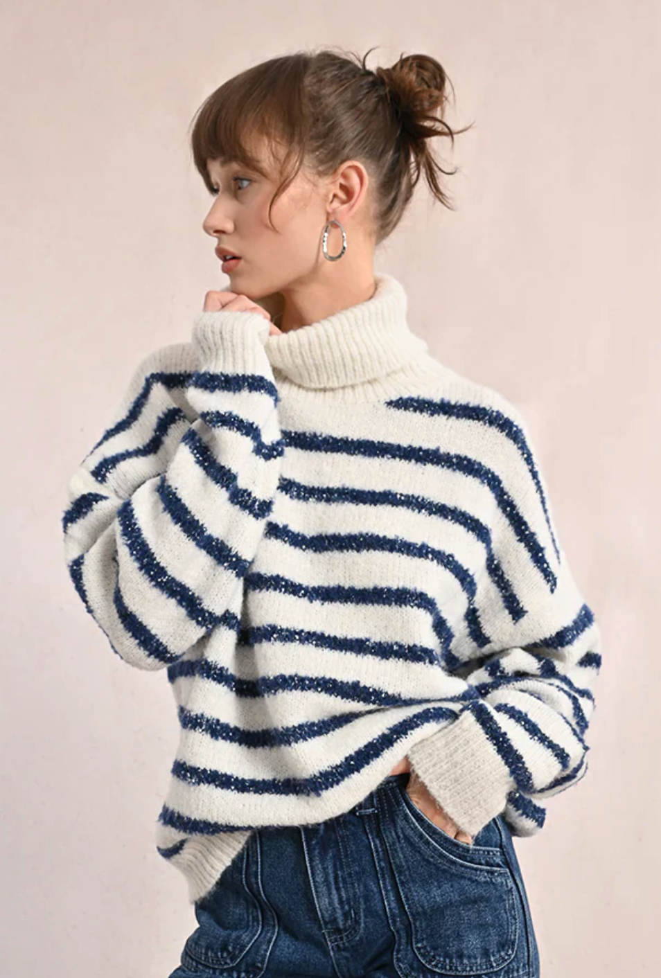 Ladies Knitted Sweater- Blue Stripe