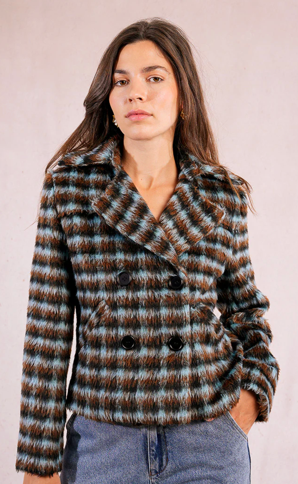 Ladies Woven Coat-Brown and Blue