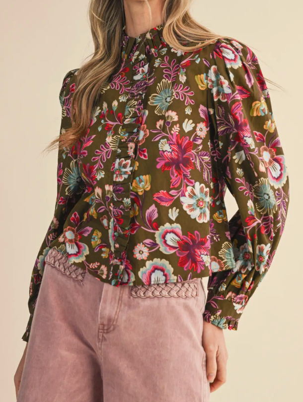 Exclusive Floral Print Ruffled Button Down Top