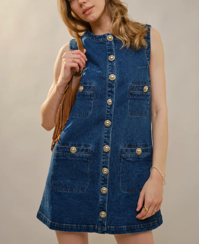 Button Front Sleeveless Denim Dress
