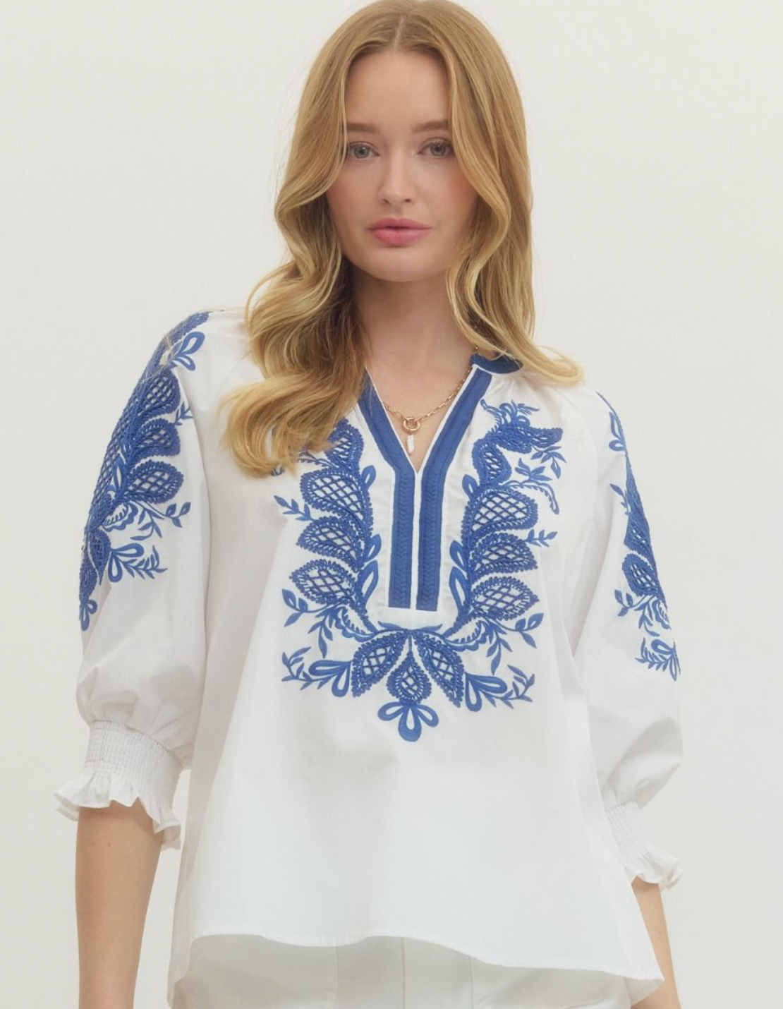 Blue and White Embroidery Top