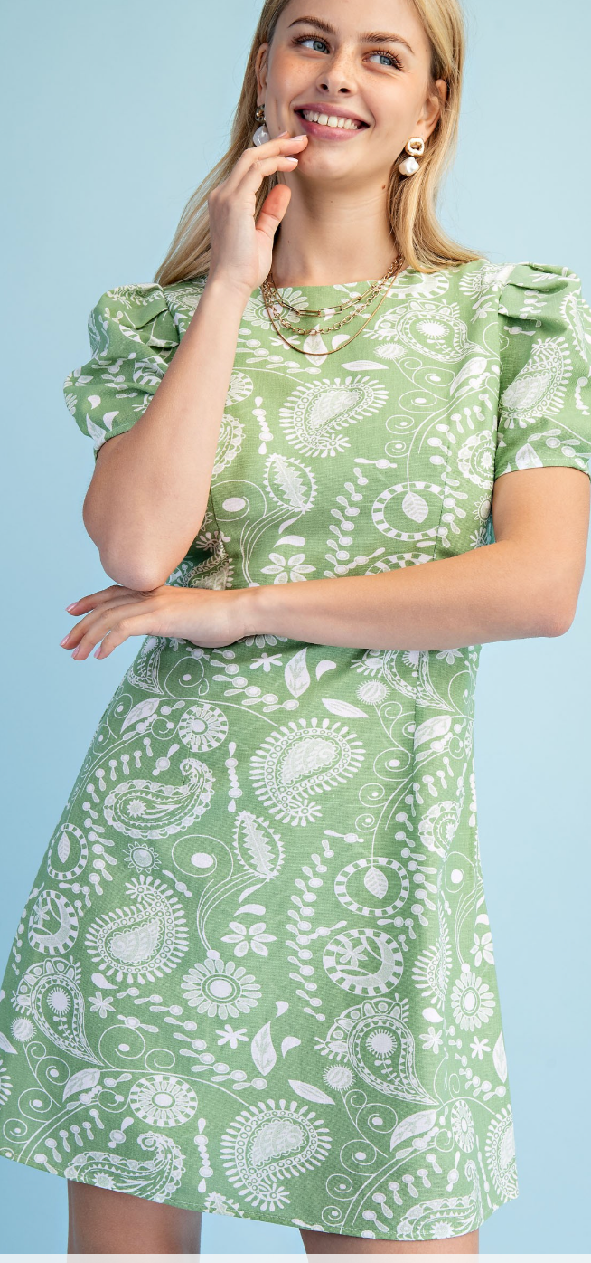 Floral Paisley Print Mini Dress- Seafoam