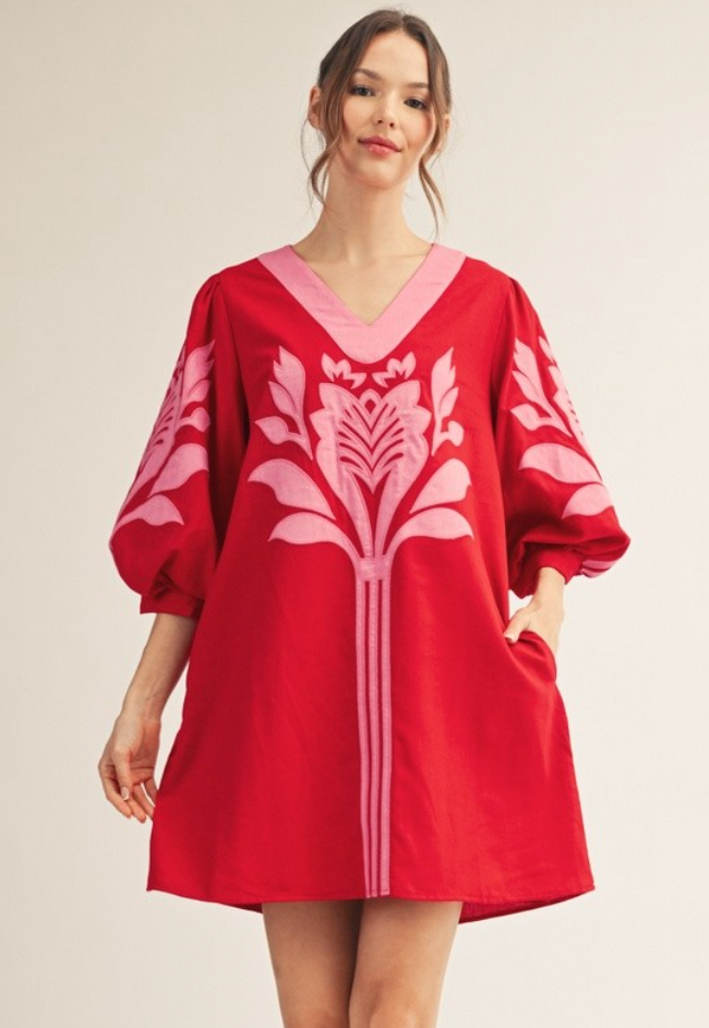 red floral shift dress Red Floral Block Print Cotton V-Neck Short Shift Dress with Scarf-Belt 50" / Petite (5'1" and below)