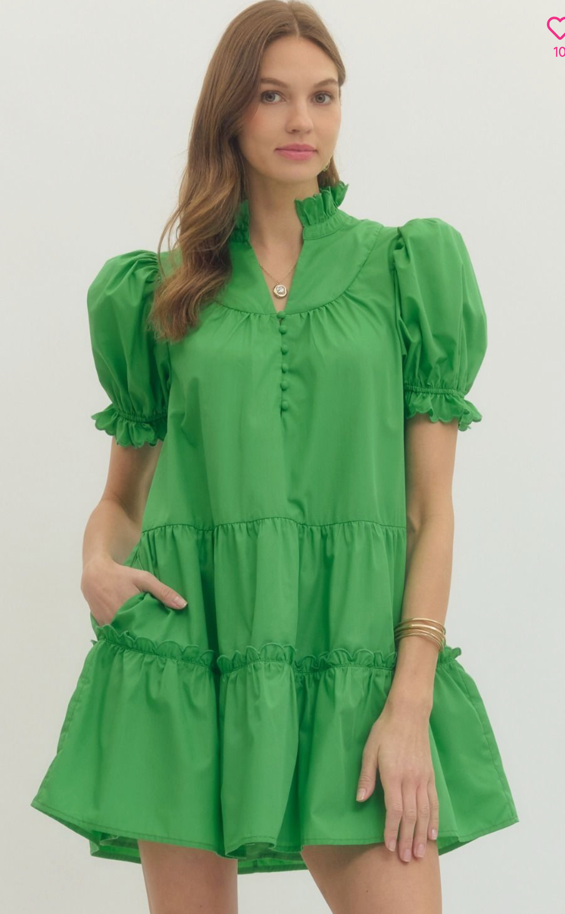 Solid short puff sleeve mini dress- Green