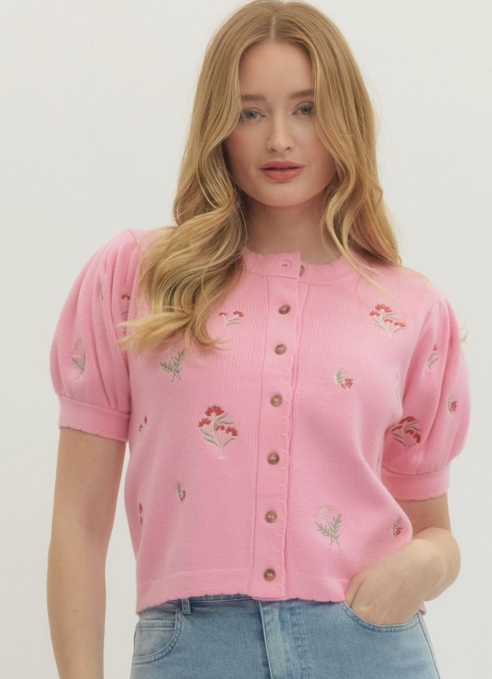 Floral embroidered short puff sleeve knit top