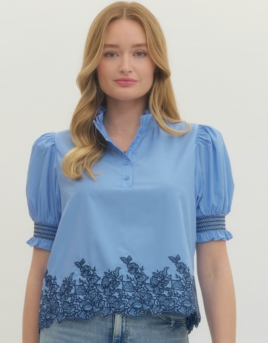 Solid embroidered smocked cuff Top- Blue