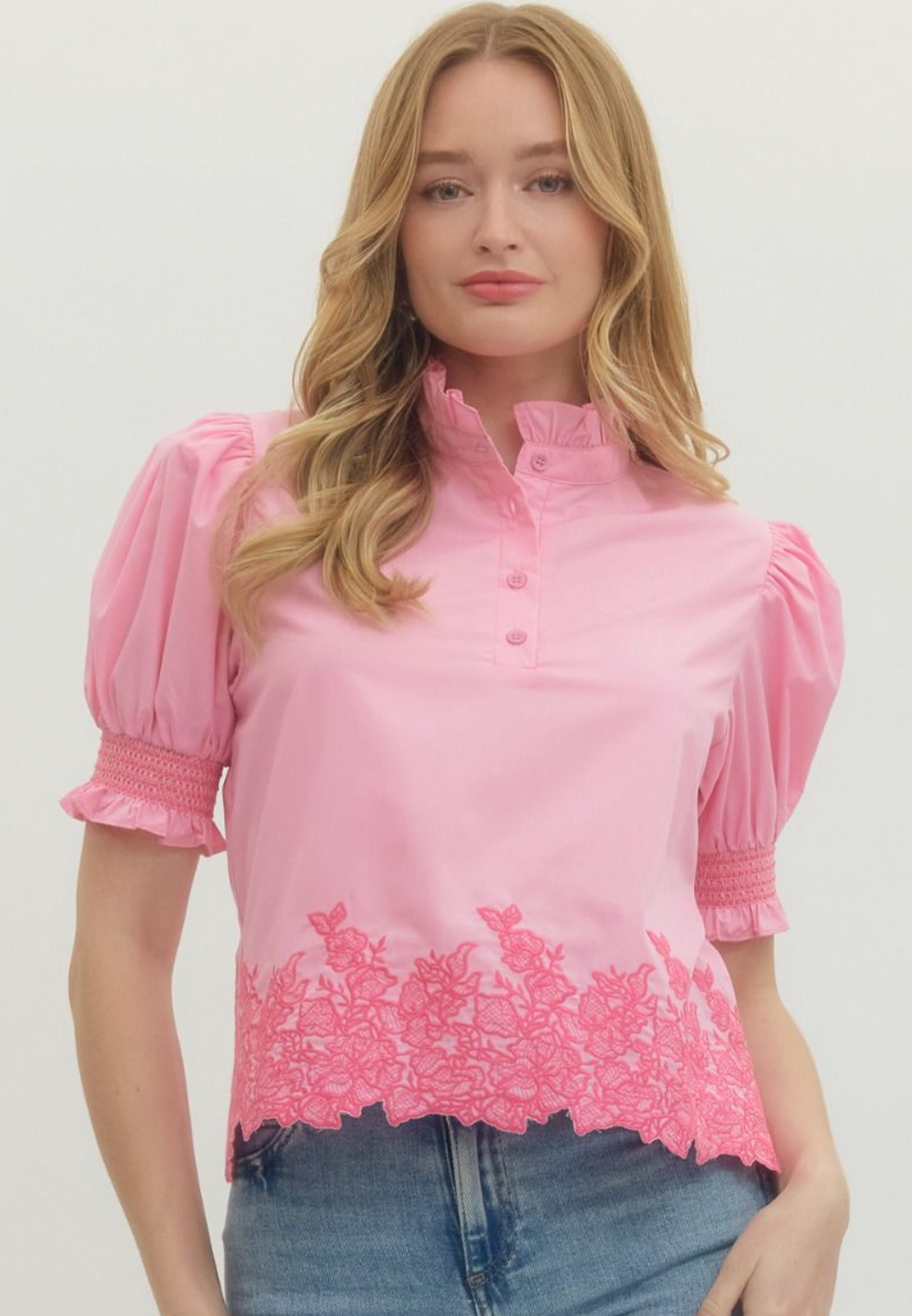 Solid embroidered smocked cuff Top- Light Pink