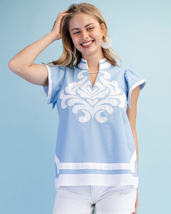 Linen V-neck Top- Blue