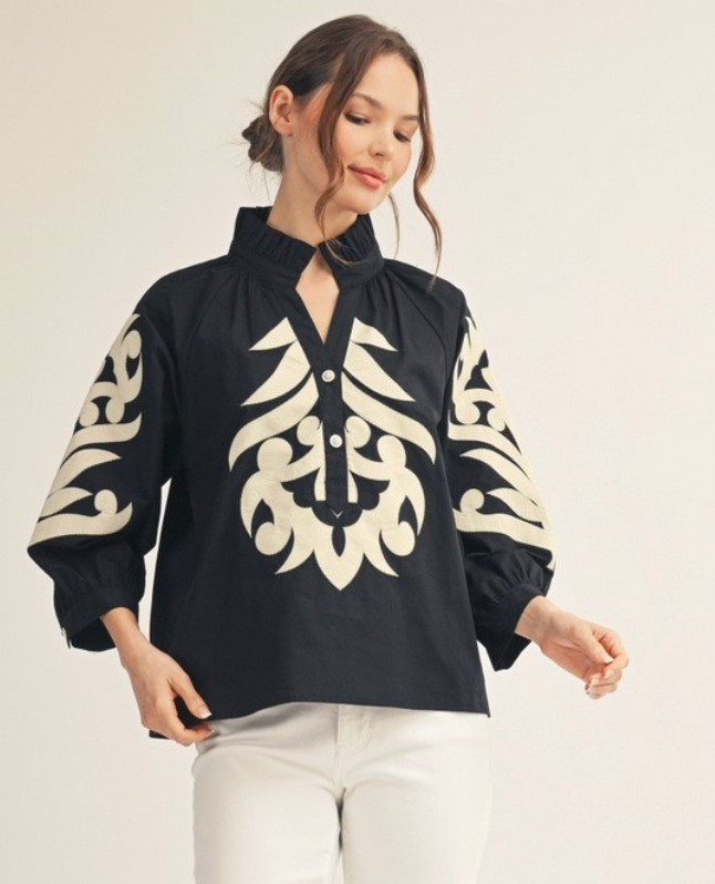 Baroque Applique Detail Top- Black