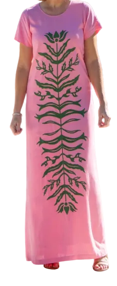 woman wearing pink maxi length dress with green embroidery details, emily mccarthy rose cornelia dress