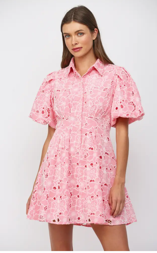 Cut Out Floral Lace Short Puff Sleeve Dress - Pink Medium