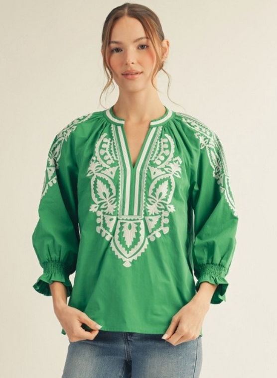 Drop Shoulder Embroidered Top- Green