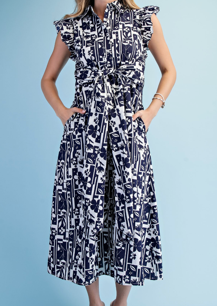 Geometric Floral Print Midi Shirt Dress- Navy