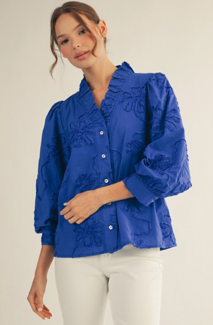 Button Down 3d Floral Top-Royal