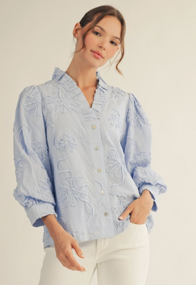 Button Down 3d Floral Top- Sky Blue
