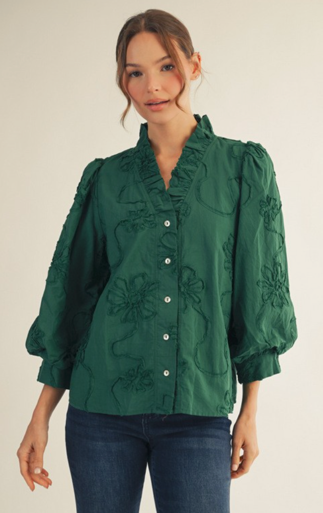 Button Down 3d Floral Top- Hunter Green