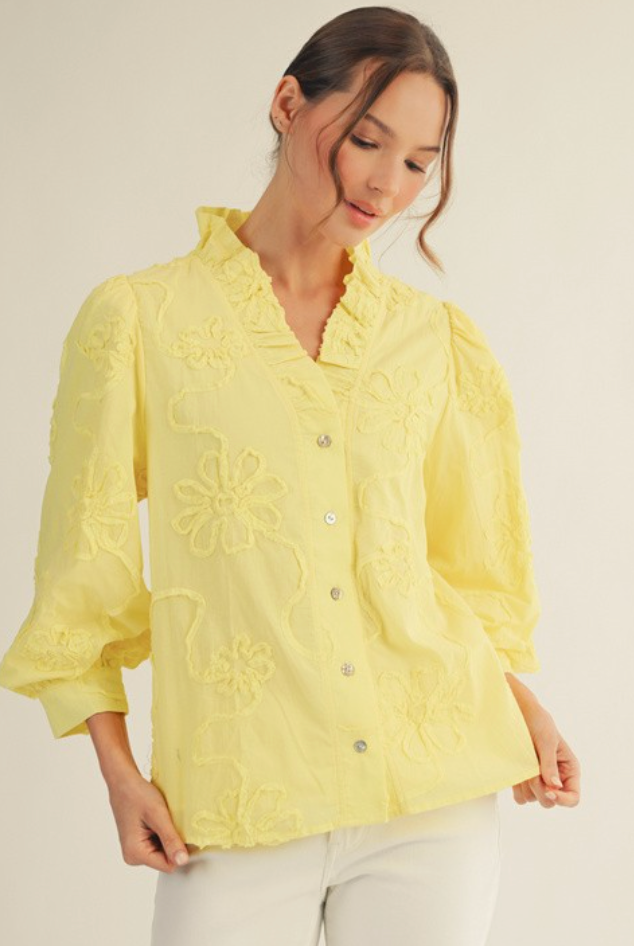 Button Down 3d Floral Top- Yellow