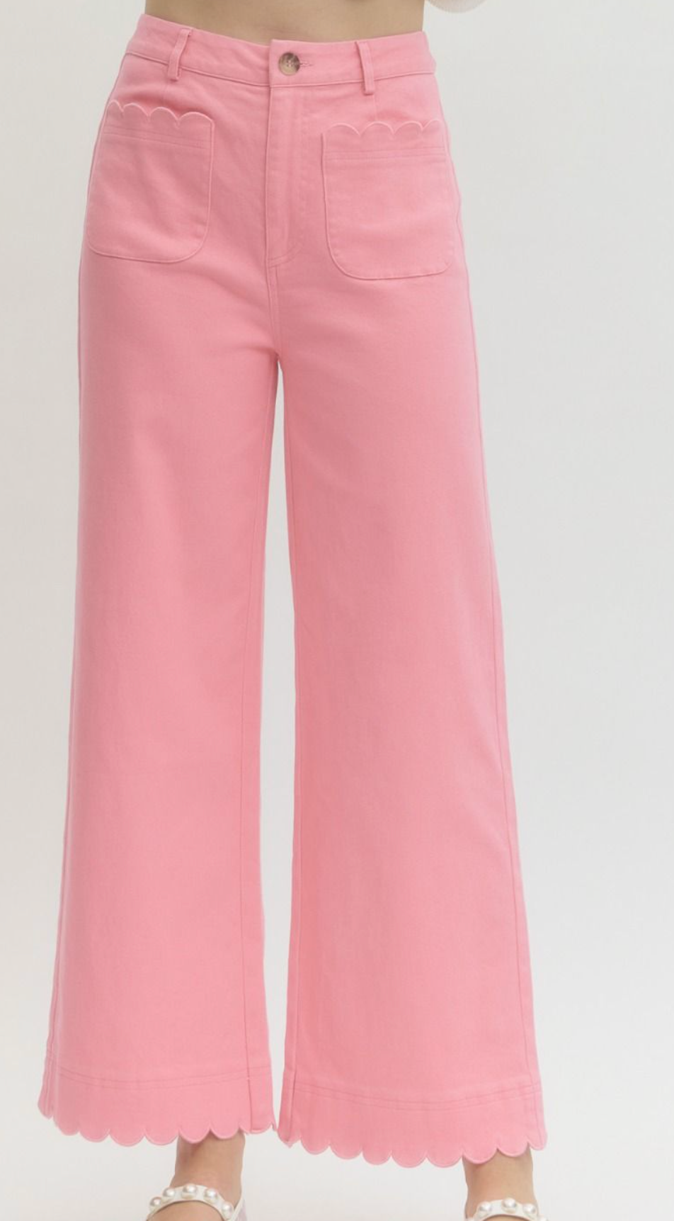 Scalloped High Rise Wide Leg Pants- Pink