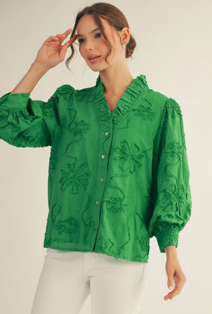 Button Down 3d Floral Top- Kelly Green