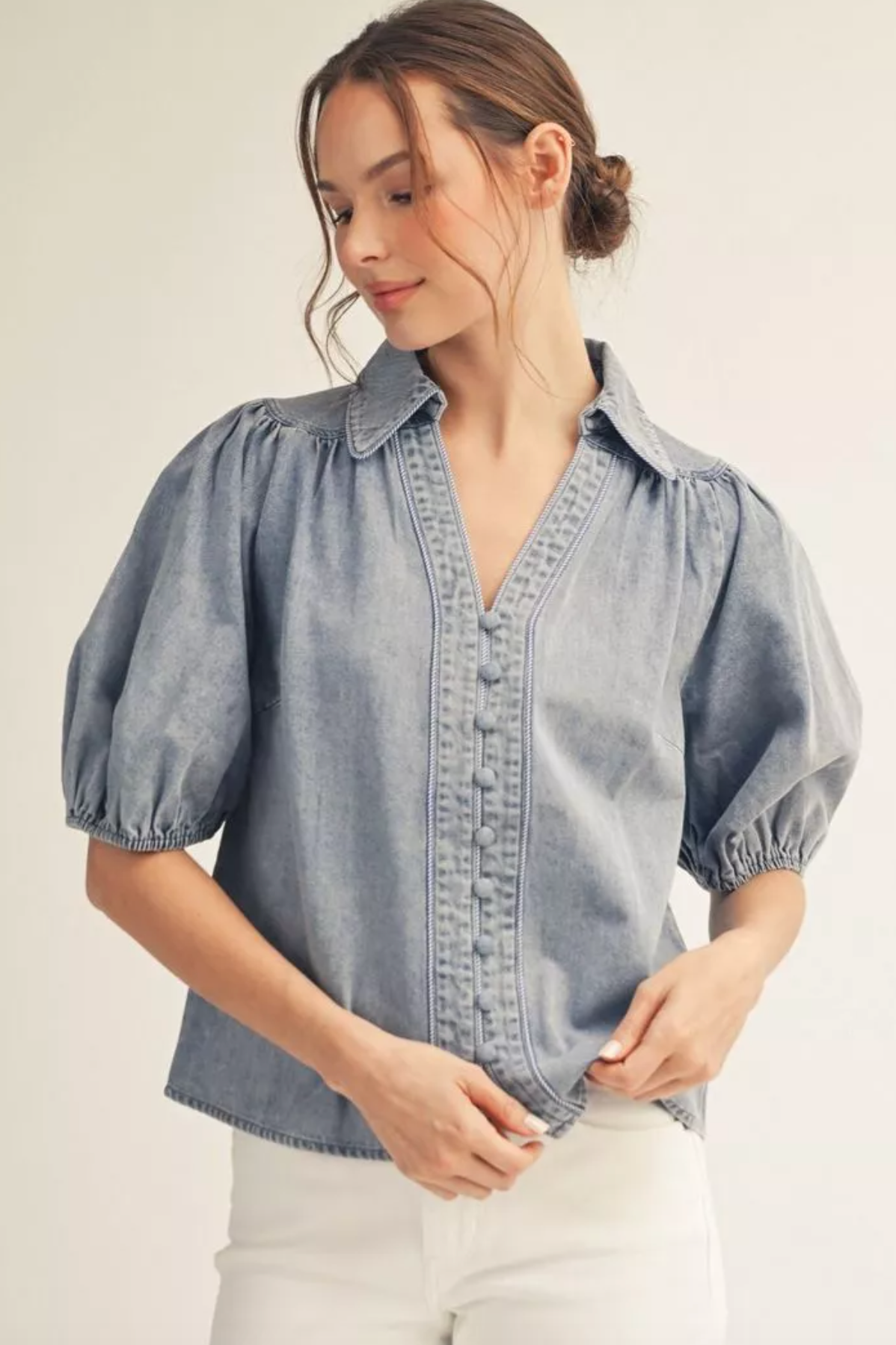 Denim Puff Sleeve Button Down Blouse