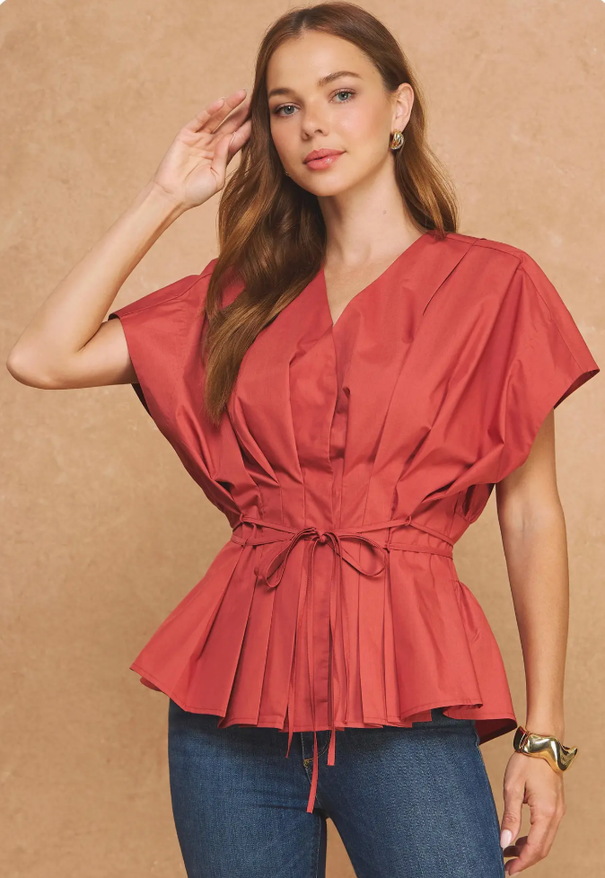 Structured Pleated Tie Waist V-Neck Peplum Blouse