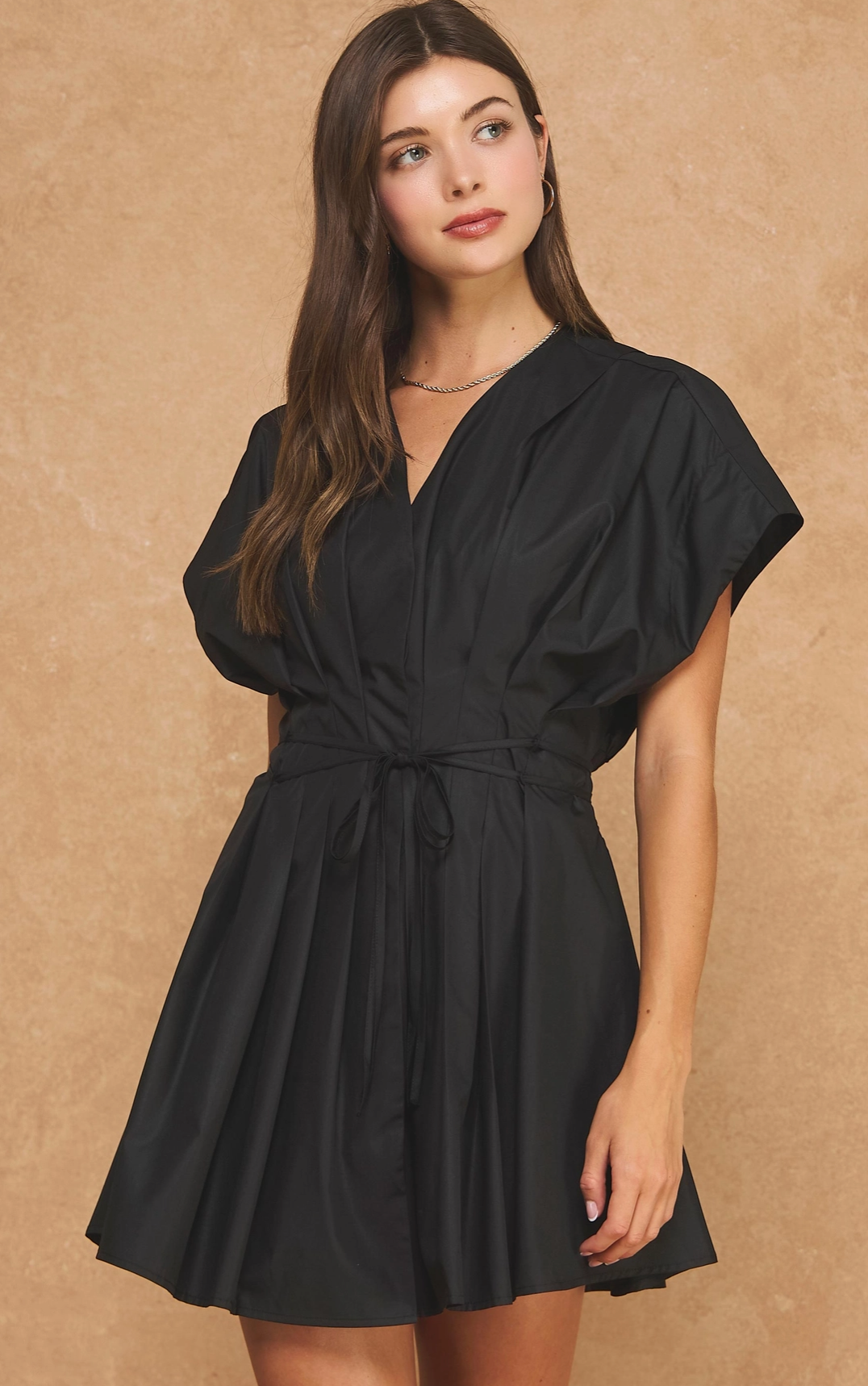 Pleated V-Neck Tie Waist Mini Dress