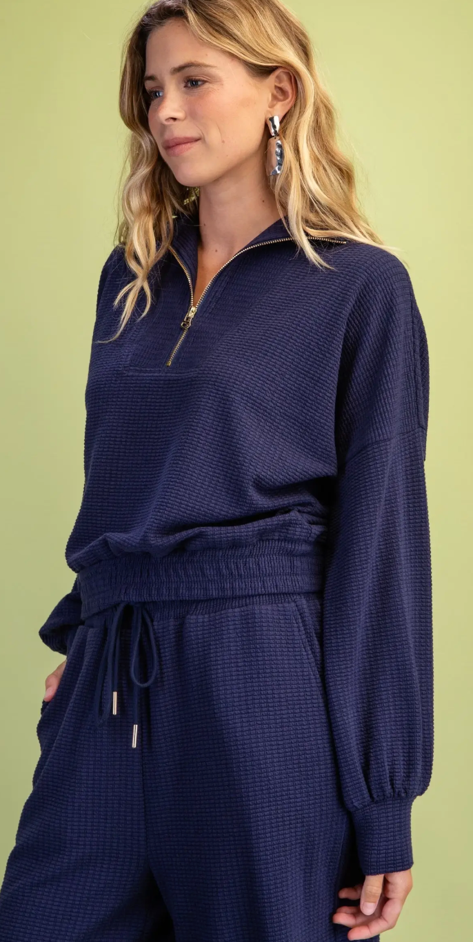 Textured Knit Long Sleeve Top Half Zip Mock Neck- Navy