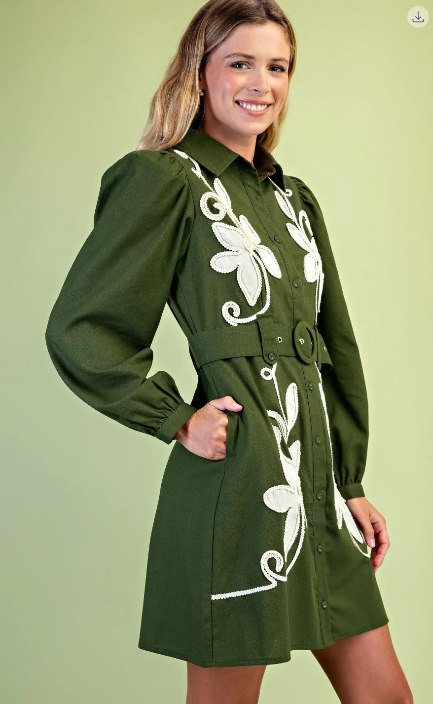 Linen Long Sleeve Applique Dress with Belt