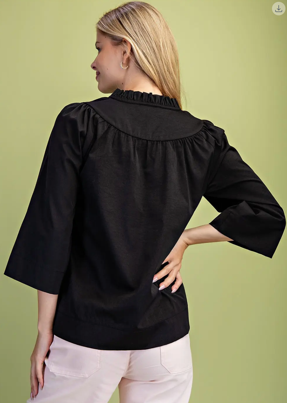 Ruffle Neck Blouse 3/4 Wide Sleeves - Black