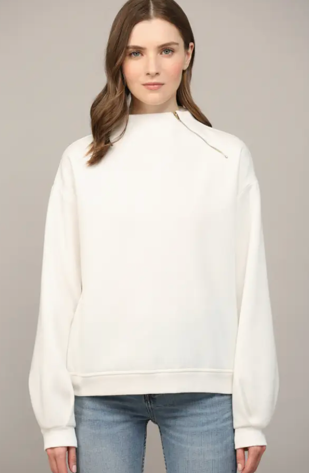 Zipper Trimmed Round Neck Sweatshirt