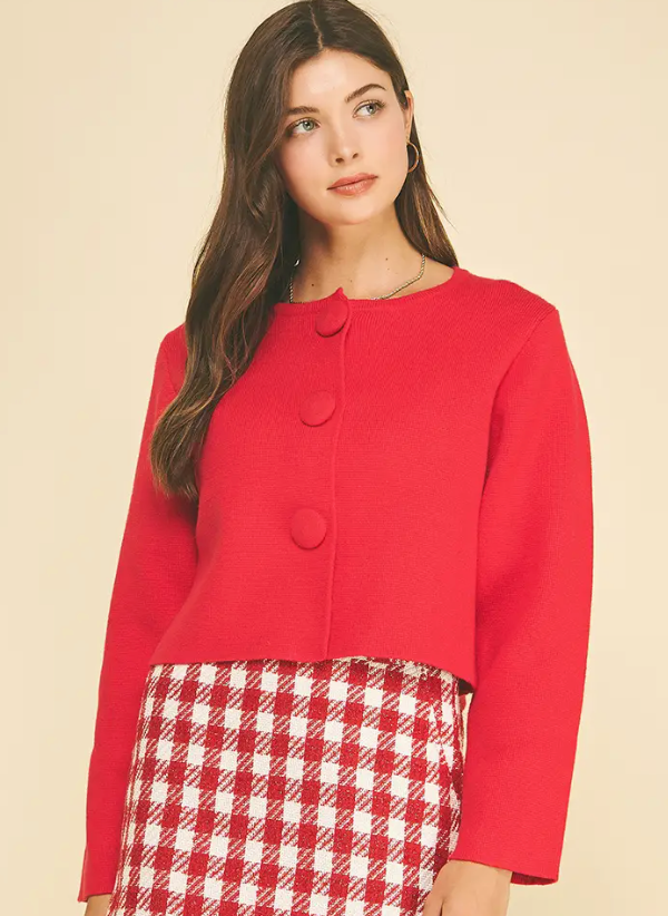 Bold Button Front Cropped Knit Cardigan - CINNAMON