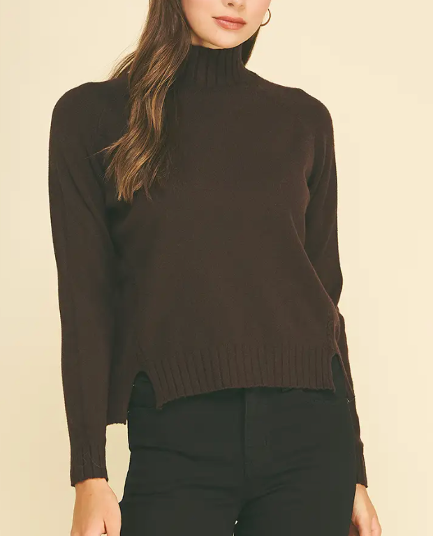 Mock Neck Sweater with Side Slit - ESPRESSO