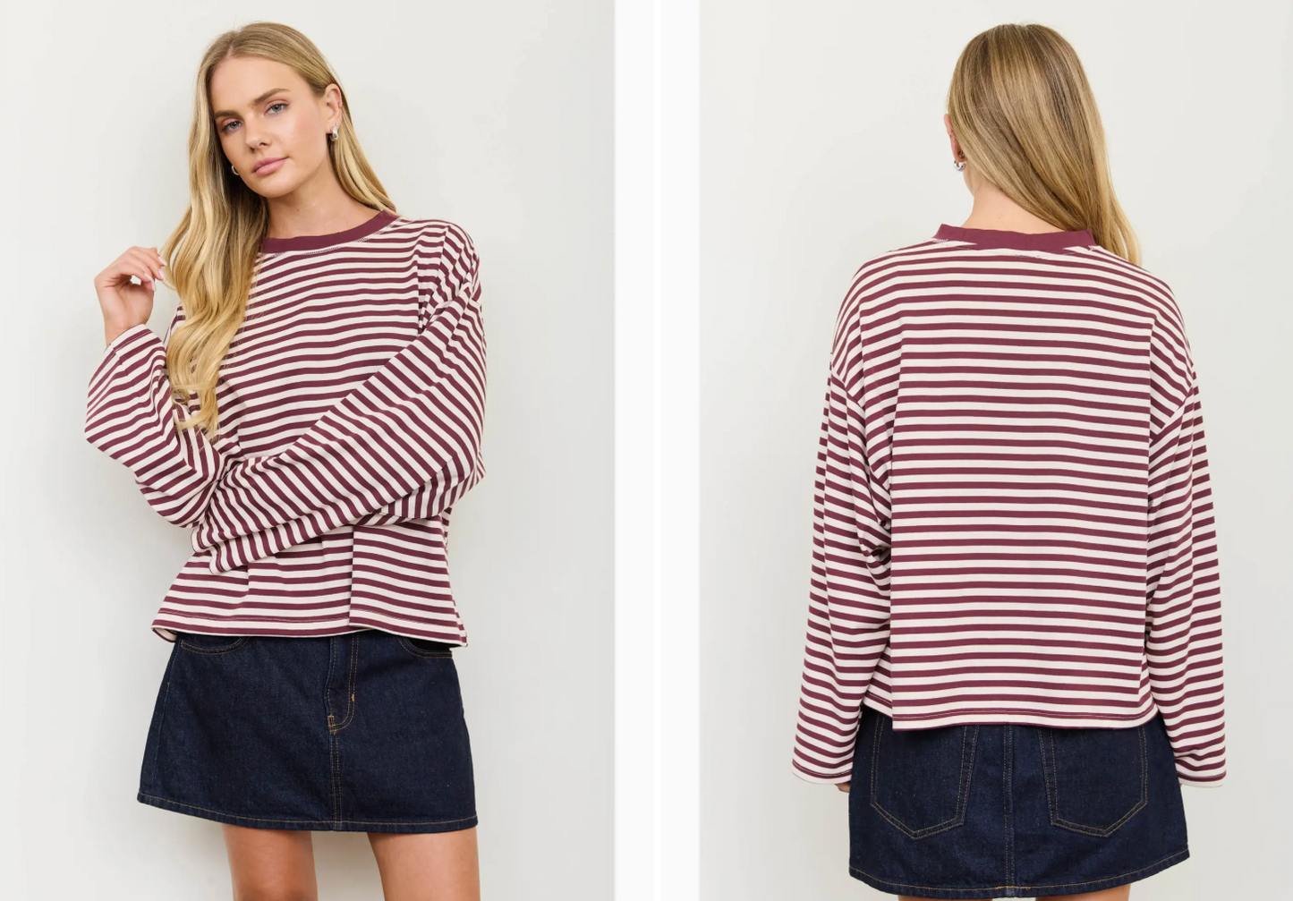 Long Sleeve Burgundy Knit Top- Burgundy Multi