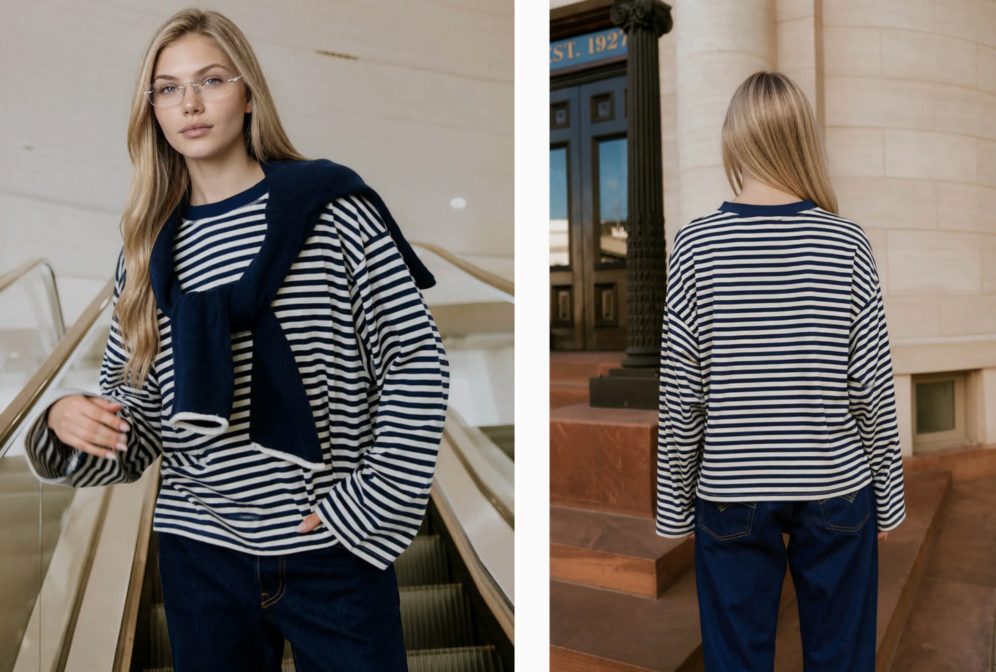 Long Sleeve Navy Knit Top- Navy Multi