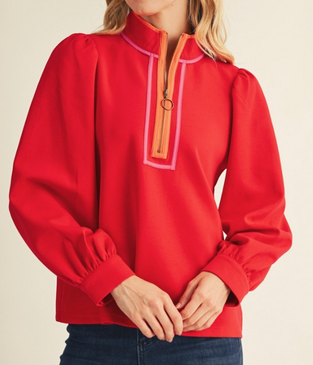 Color Contrast Trim Accent Front Zip Up Casual Top - RED