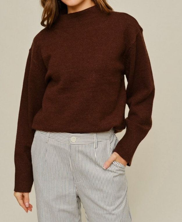 Mock Neck Comfy Sweater Top - BROWN