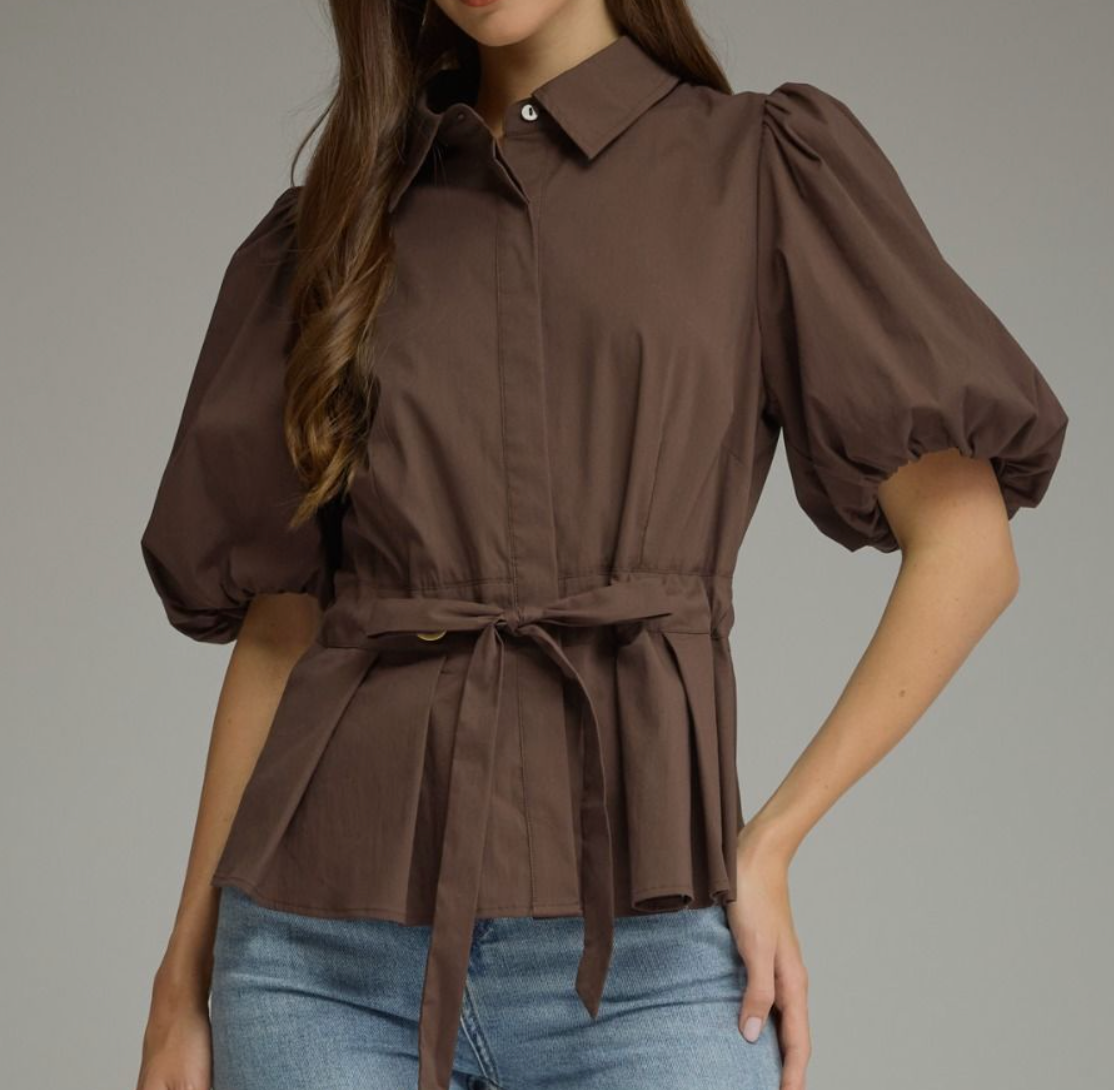 Solid Short Puff Sleeve Top - BROWN