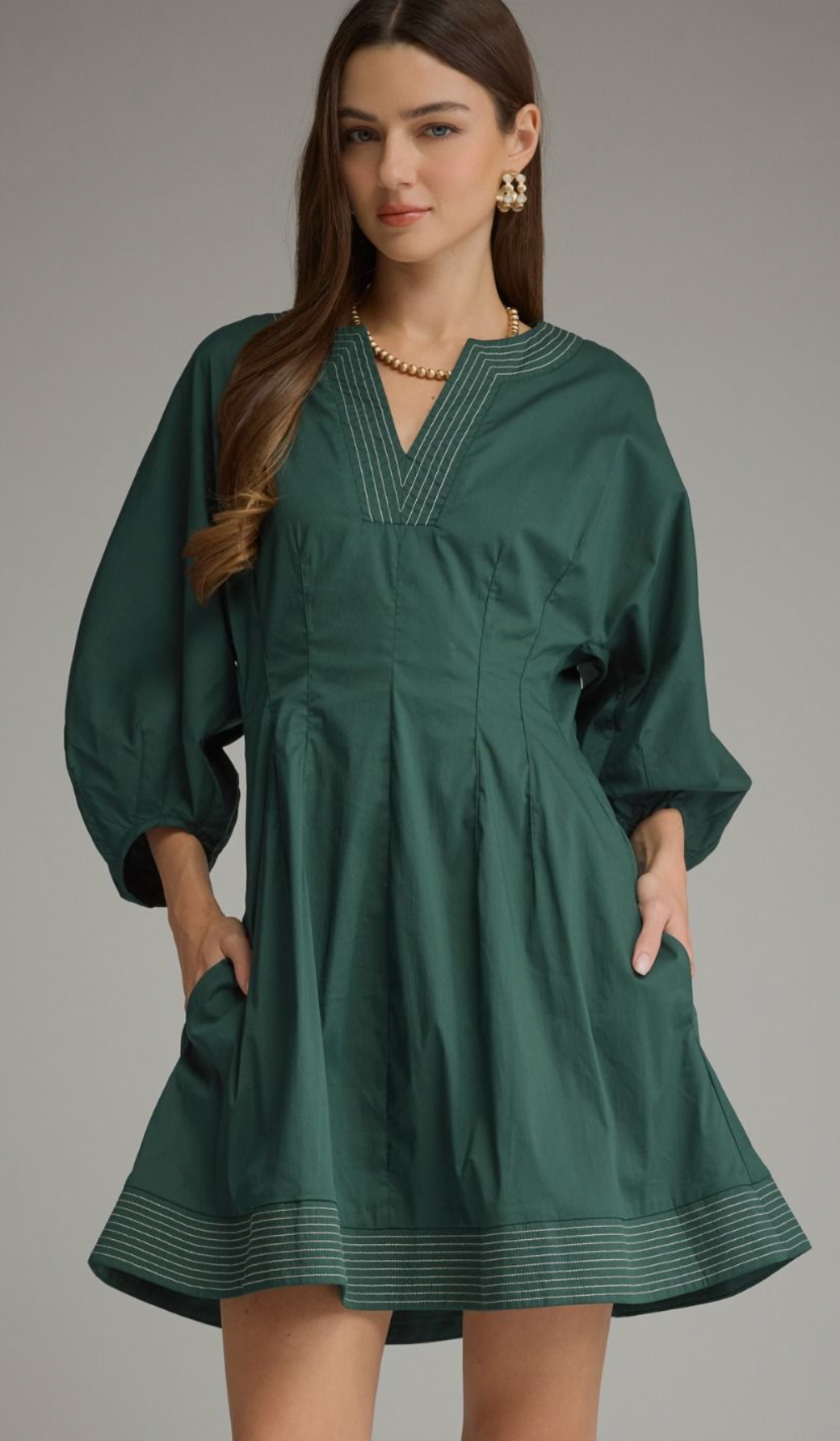 3/4 Sleeve Green Pleated Mini Dress